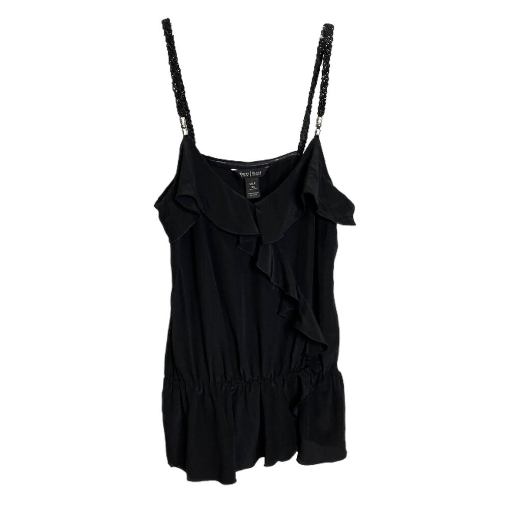 White House Black Market Women's Top Tank Sleeveless Black Silk Ruffle V-Neck XS